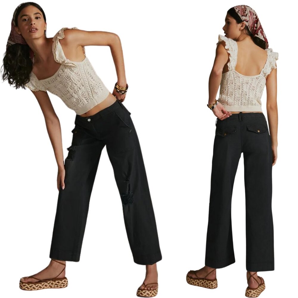 Pilcro Low-Rise Relaxed Trousers Women's 30 Black Cargo Anthropologie Wide Leg